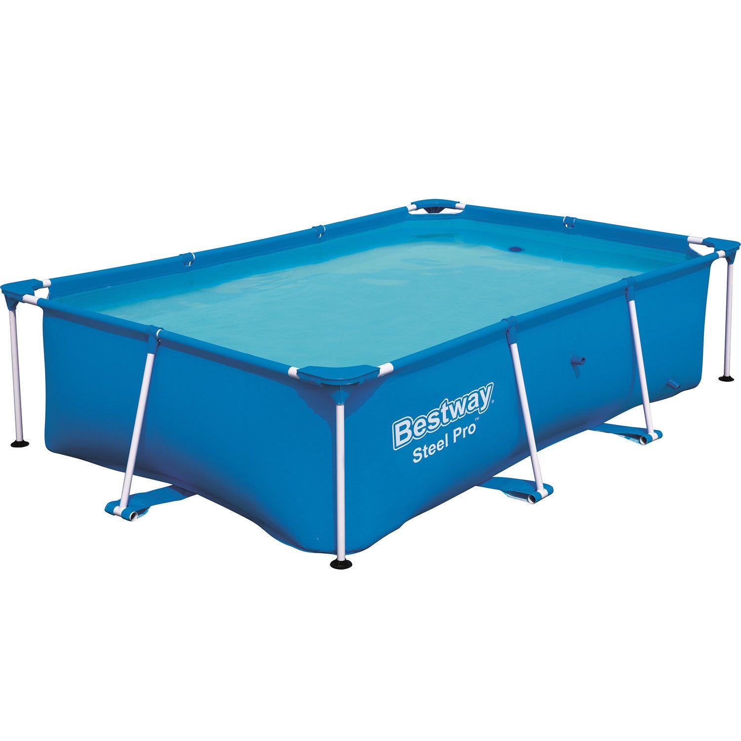 Blauw rechthoekig opzetzwembad met Bestway Steel Pro branding en metalen frame