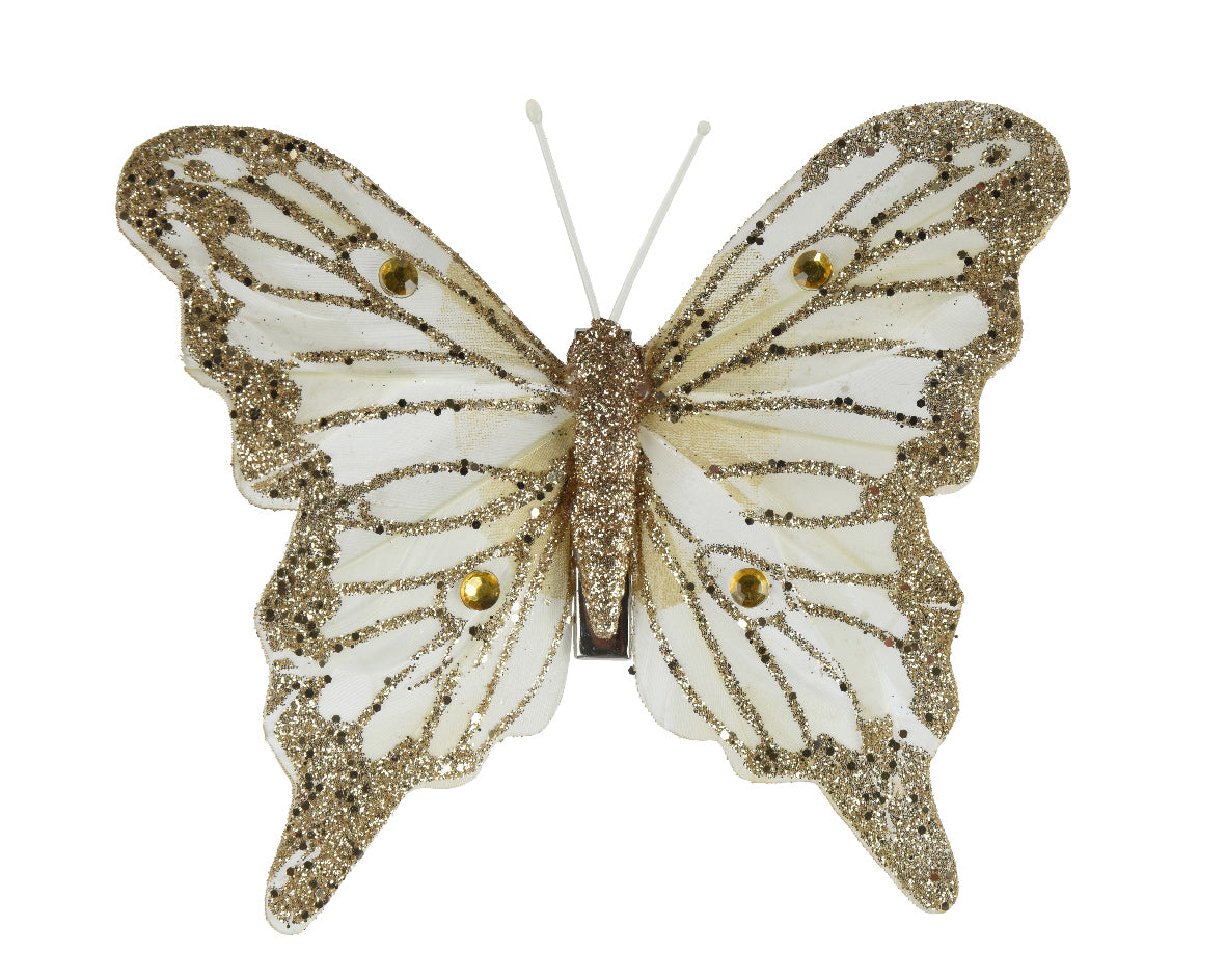 Gouden glitter vlinderornament met veerachtige vleugels en bevestigingsclip