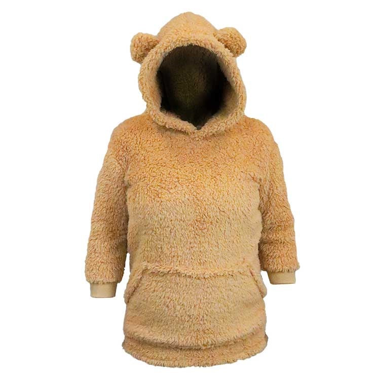 Kinder hoodie met capuchon van teddystof, lattebeige, met lange mouwen en trekkoord
