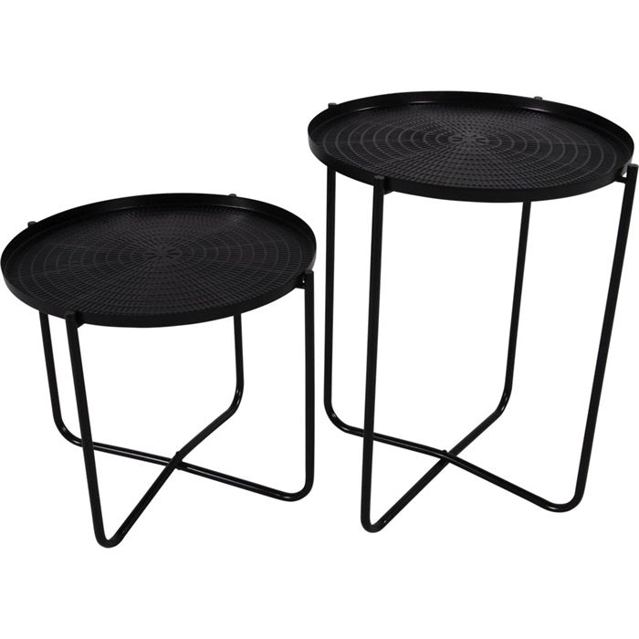 Set van twee zwarte bijzettafels met rond blad en metalen pootframe