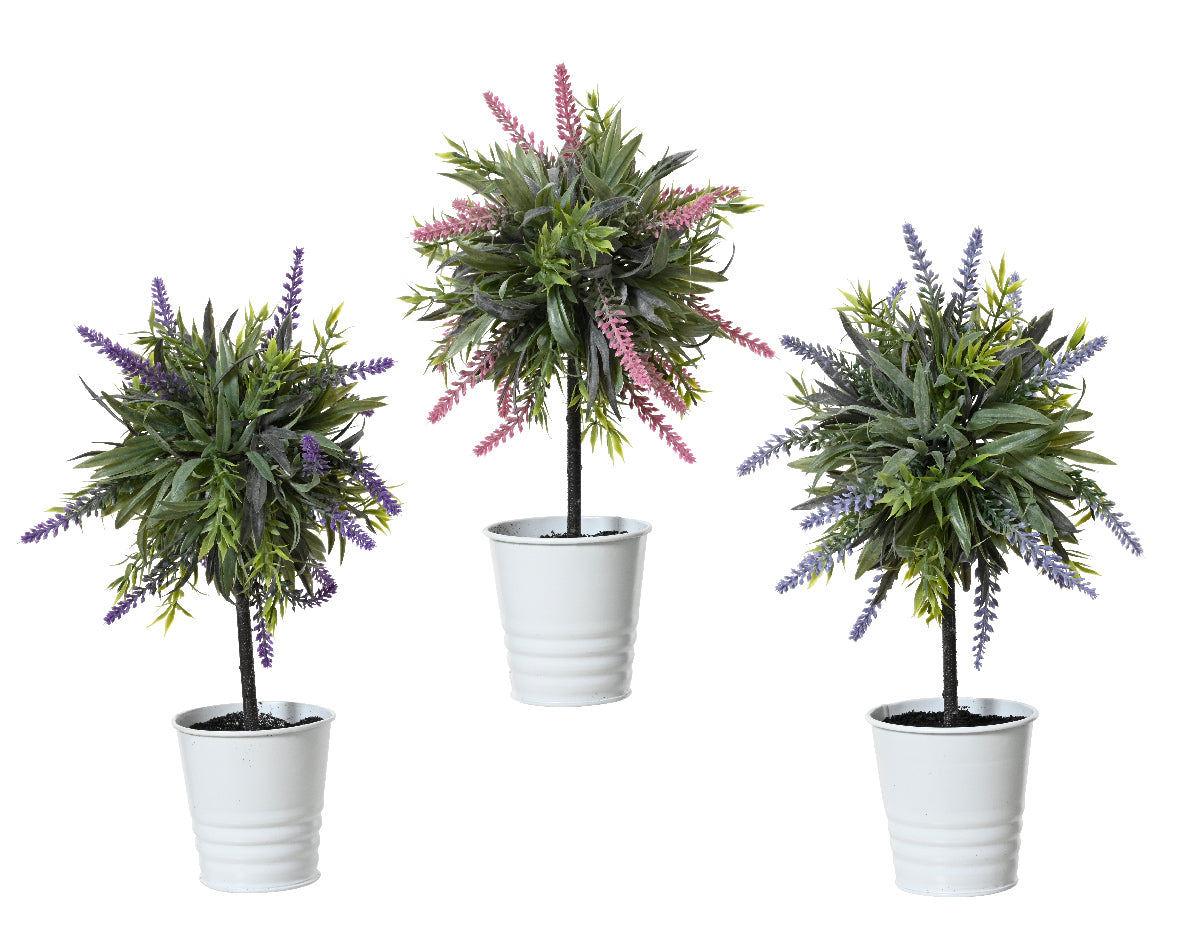 Kunstplant in witte pot, drie stuks met paars en groen blad