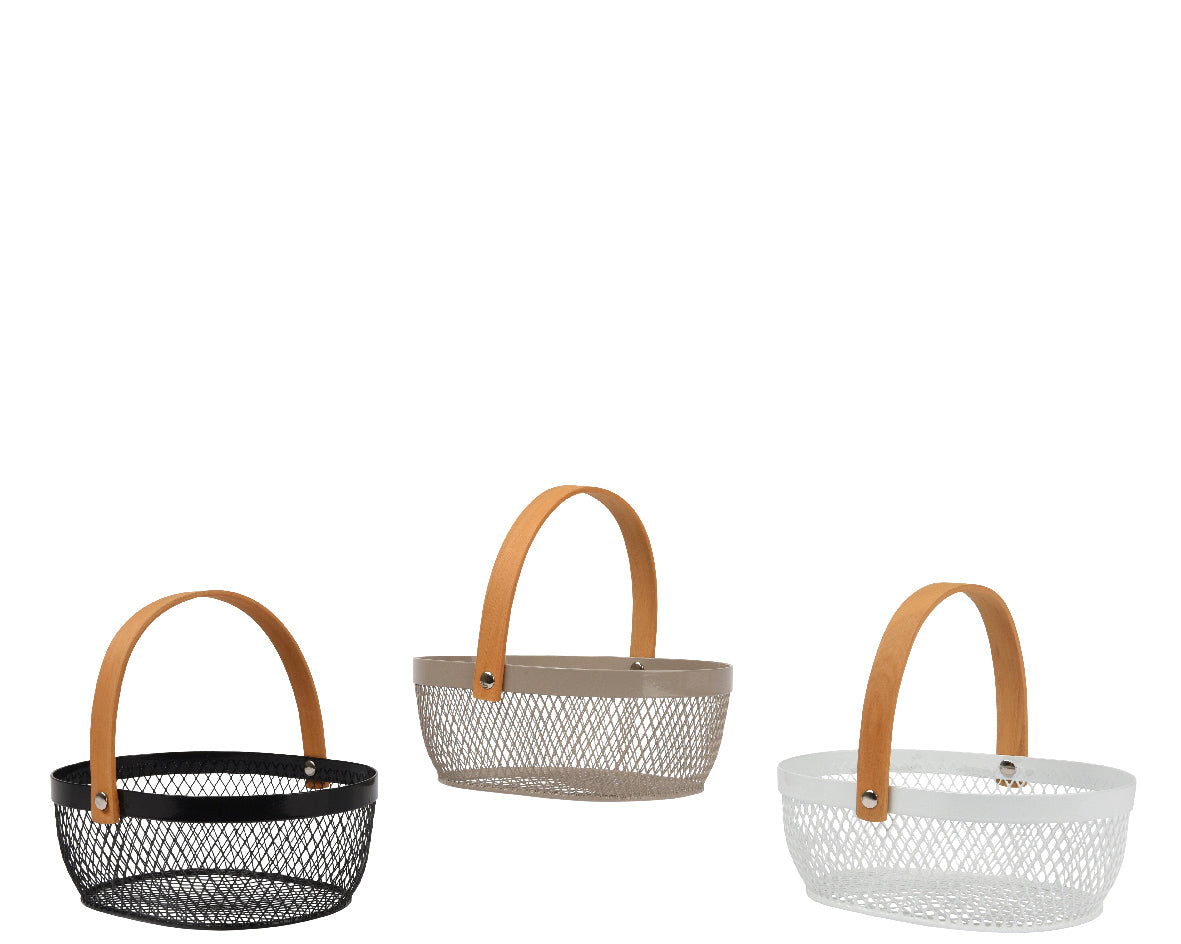 Set ijzeren manden met hengsels, vlechtwerk, assorti zwart, beige en wit