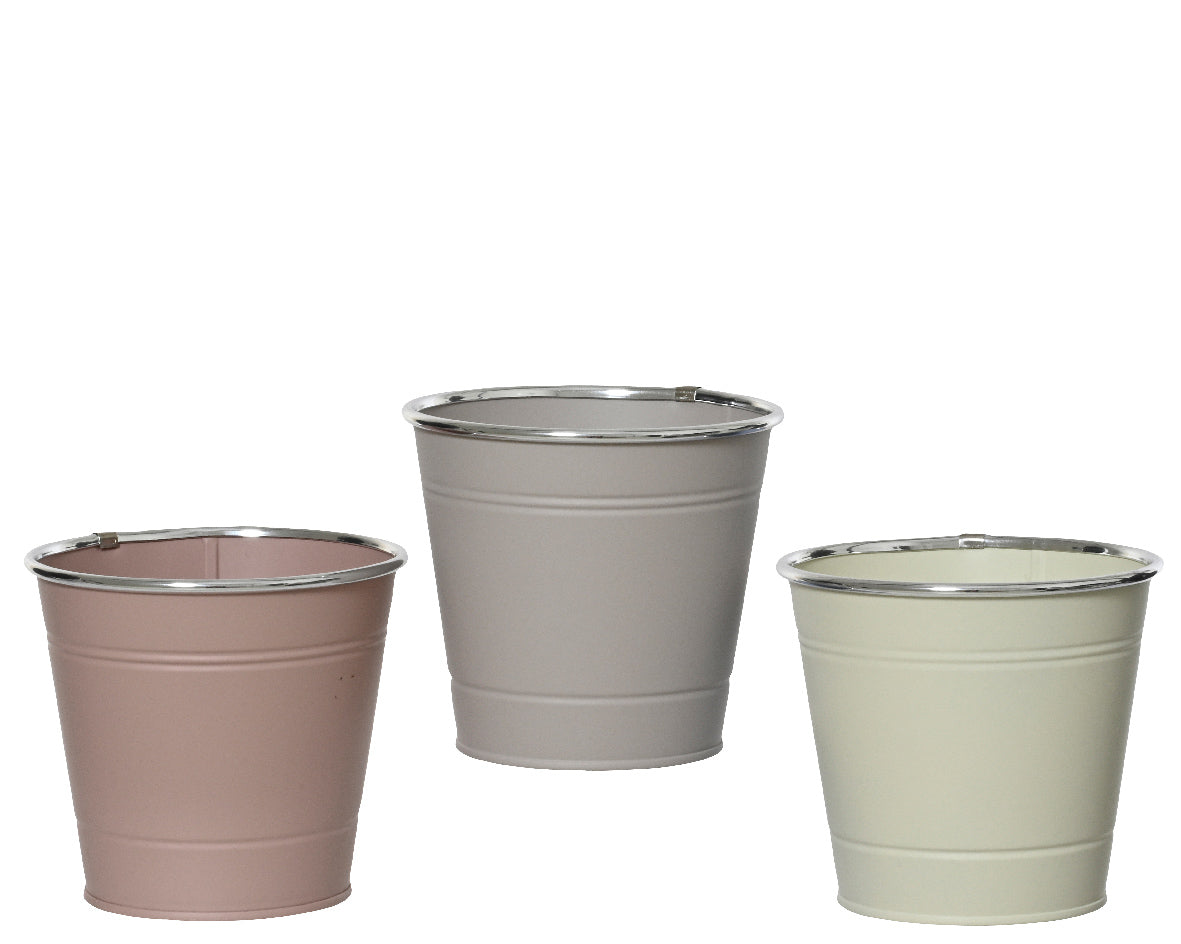 Set zinken bloempotten assorti voor binnen en buiten, 3 emmers in pastelkleuren