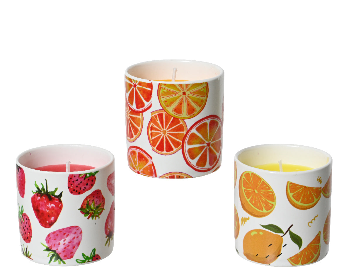 Citronella-geurkaarsenset: 3 cilindrische kaarsen in fruitprint potten, met brandlont