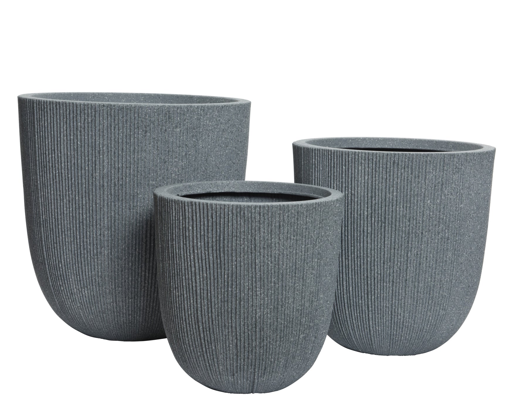 Set van 3 grijze kunststof cilinderplantenbakken met geribbelde structuur