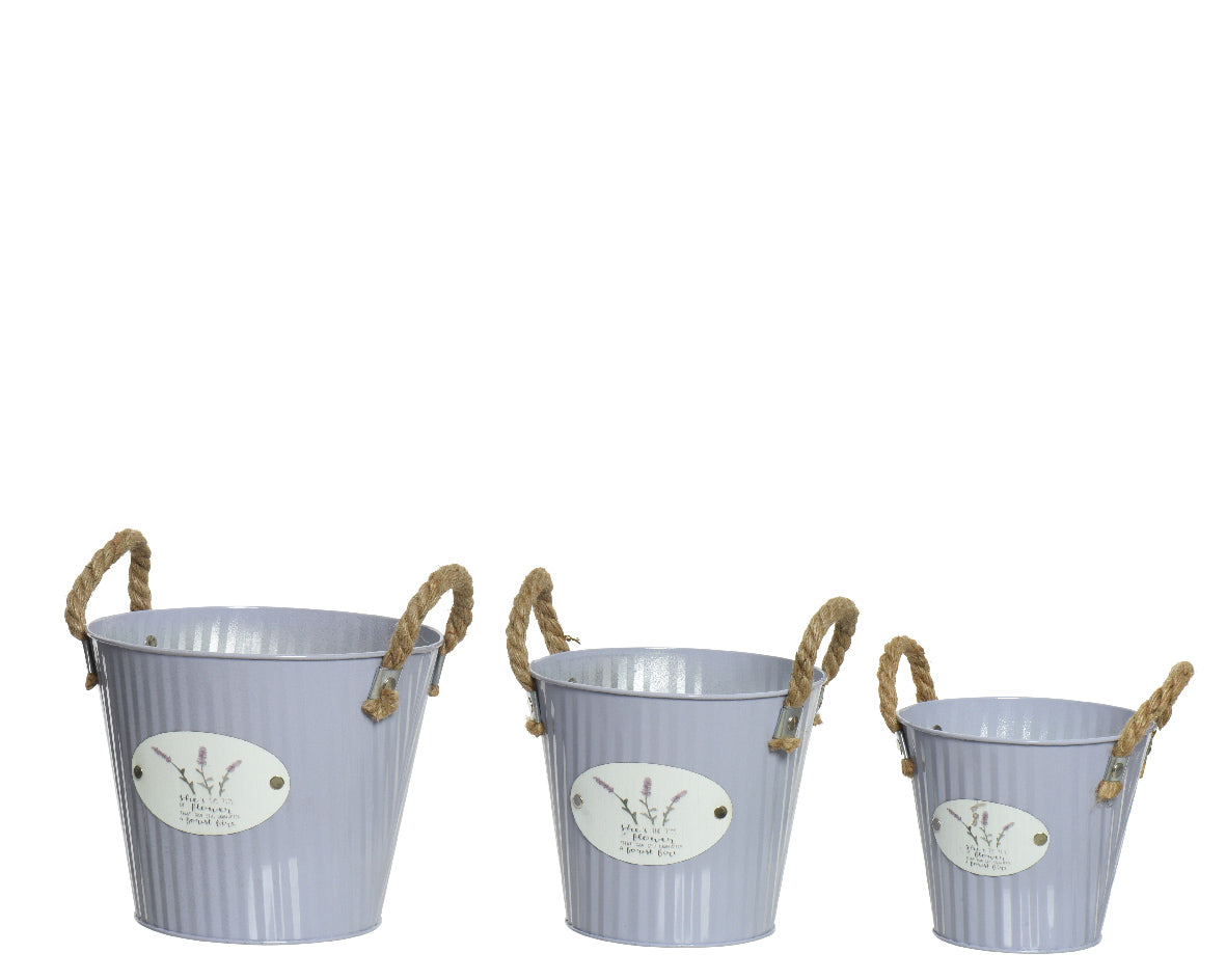 Set van drie blauwe plantenbakken van gegalvaniseerd metaal met touwhandgrepen en labels