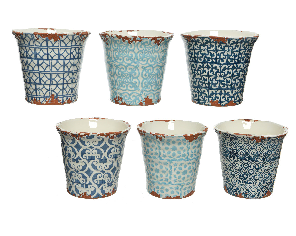 Terracotta plantenpotten in blauw en turquoise met decoratief patroon, set van 6