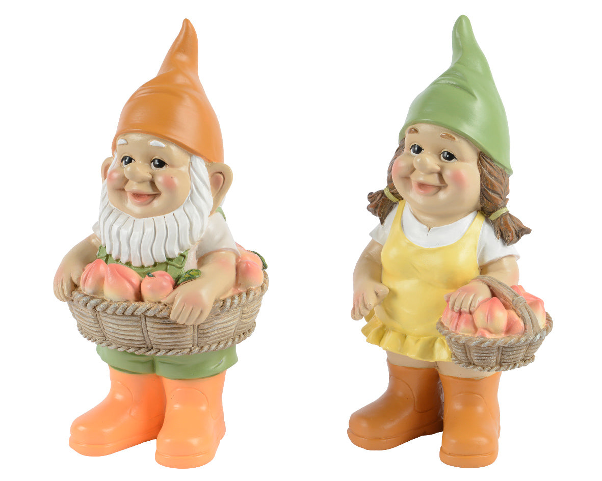 Polyresin kabouterset: oranje met witte baard en roze mand, groene in gele jurk
