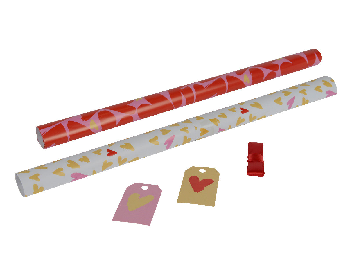 Inpakpapierrollen met patronen en cadeau-labels, assorti rood en geel
