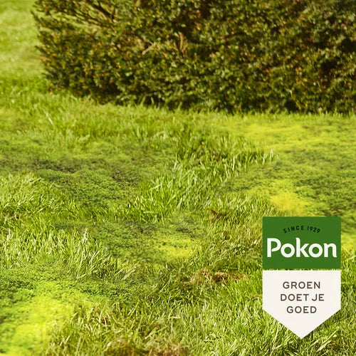 Groen gazon met Pokon label voor Mos Weg