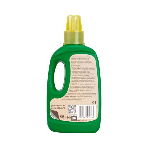 Pokon bio groene plantenvoeding, achterkant van fles met 500 ml aanduiding