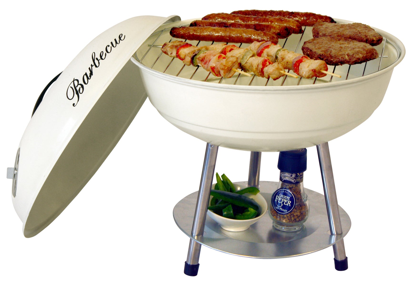 Crème tafelbarbecue met open deksel, grillrooster en metalen pootstaander met zijrek