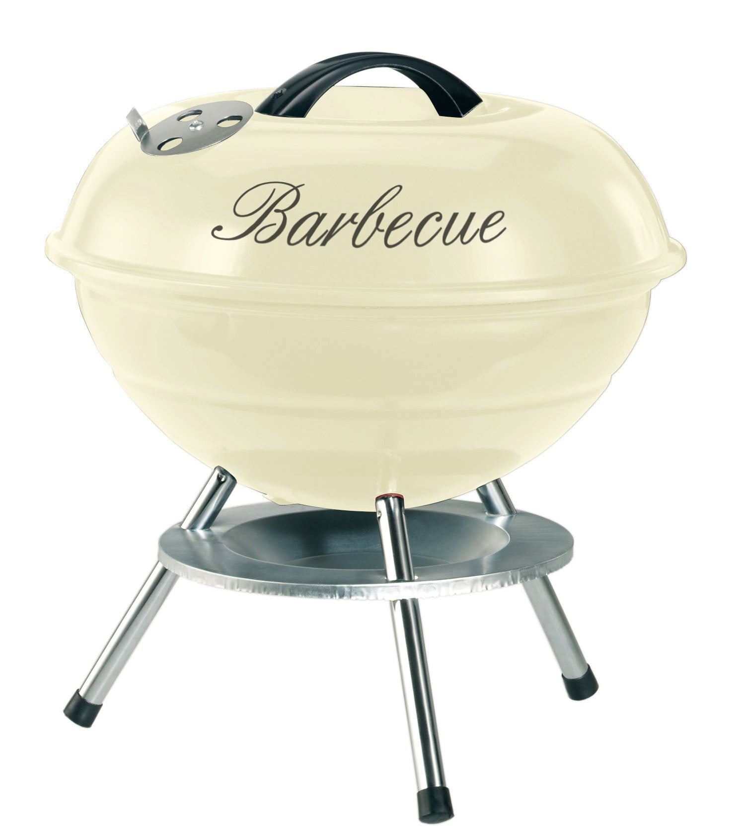 Crème tafelbarbecue met ronde ketel, deksel en driepootstaander van metaal, 35 cm