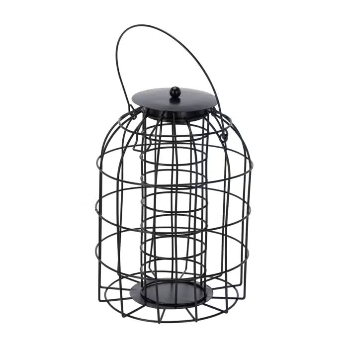 Vogelvoerhouder voor vetbol met zwarte draadkooi en ronde deksel bovenaan.