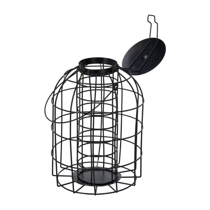 Vogelvoerhouder voor vetbol met zwarte draadkooi en opklapbare deksel/handgreep.