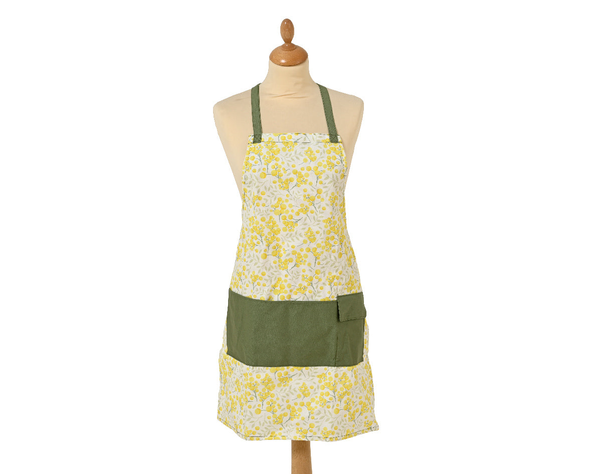 Canvas schort met gele bloemenprint en olijfgroene borstzak en tailleband