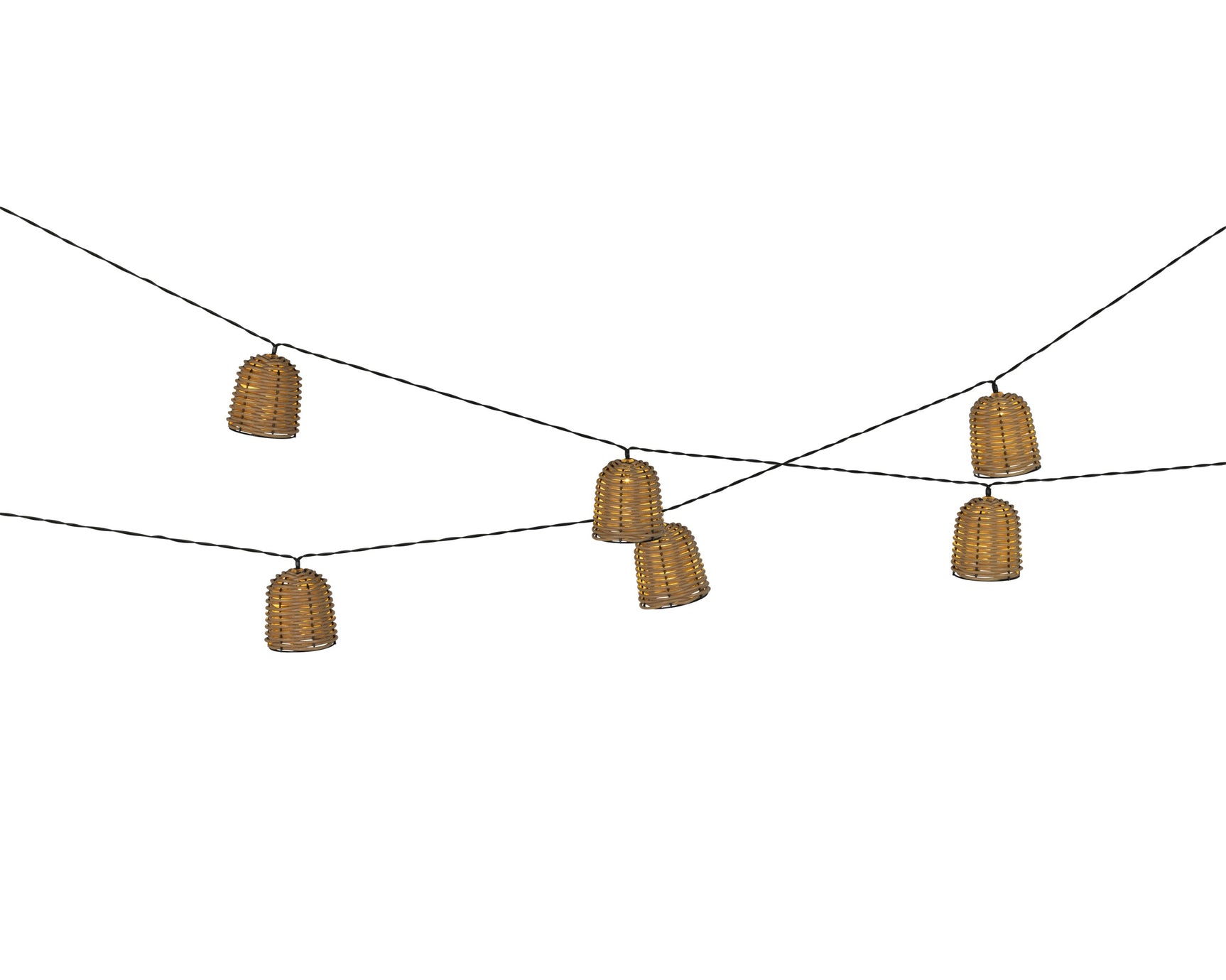 Wicker solar partylight slinger met ronde gevlochten lantaarns, geelbruin