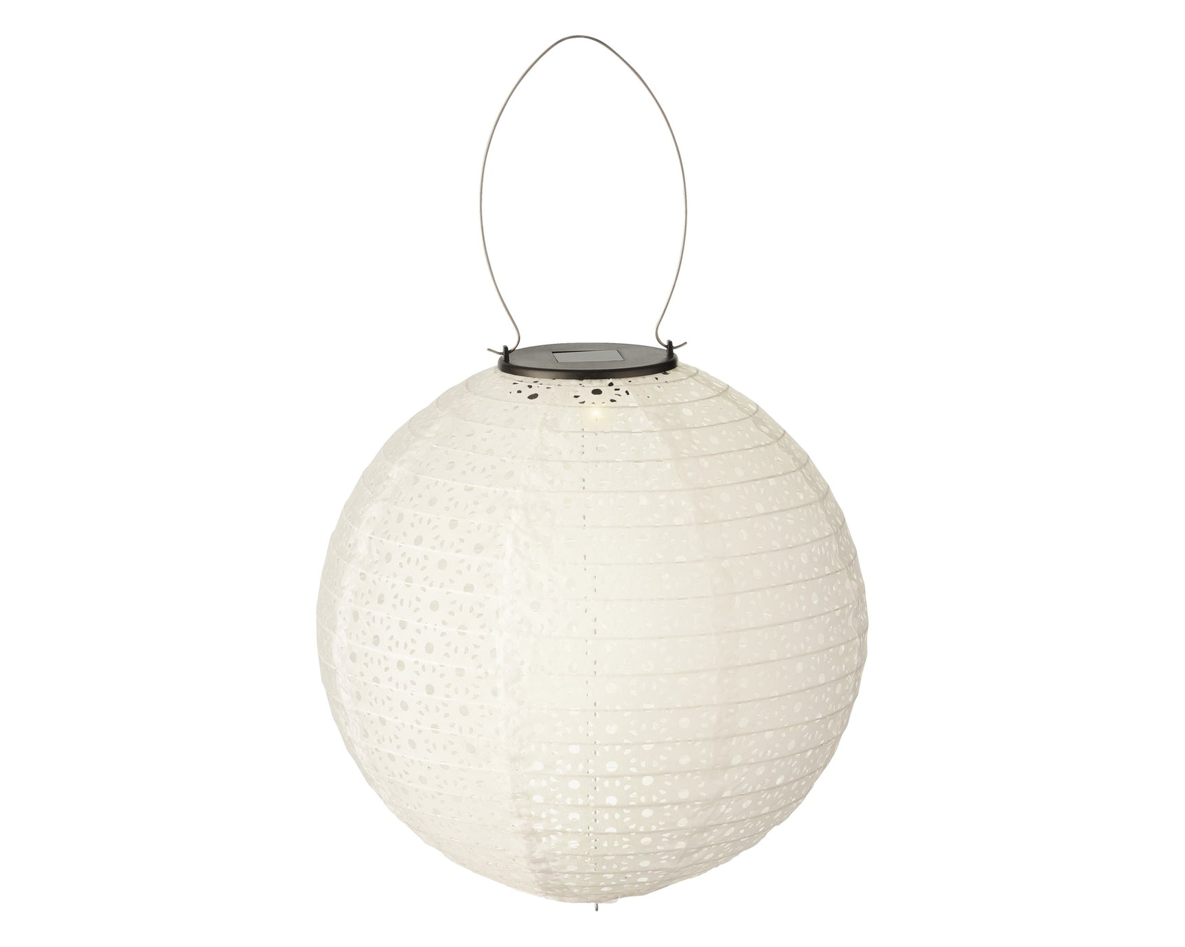Zonne-lantaarn met ronde nylon bol, wit/grijs gestructureerd, hanglus bovenop.