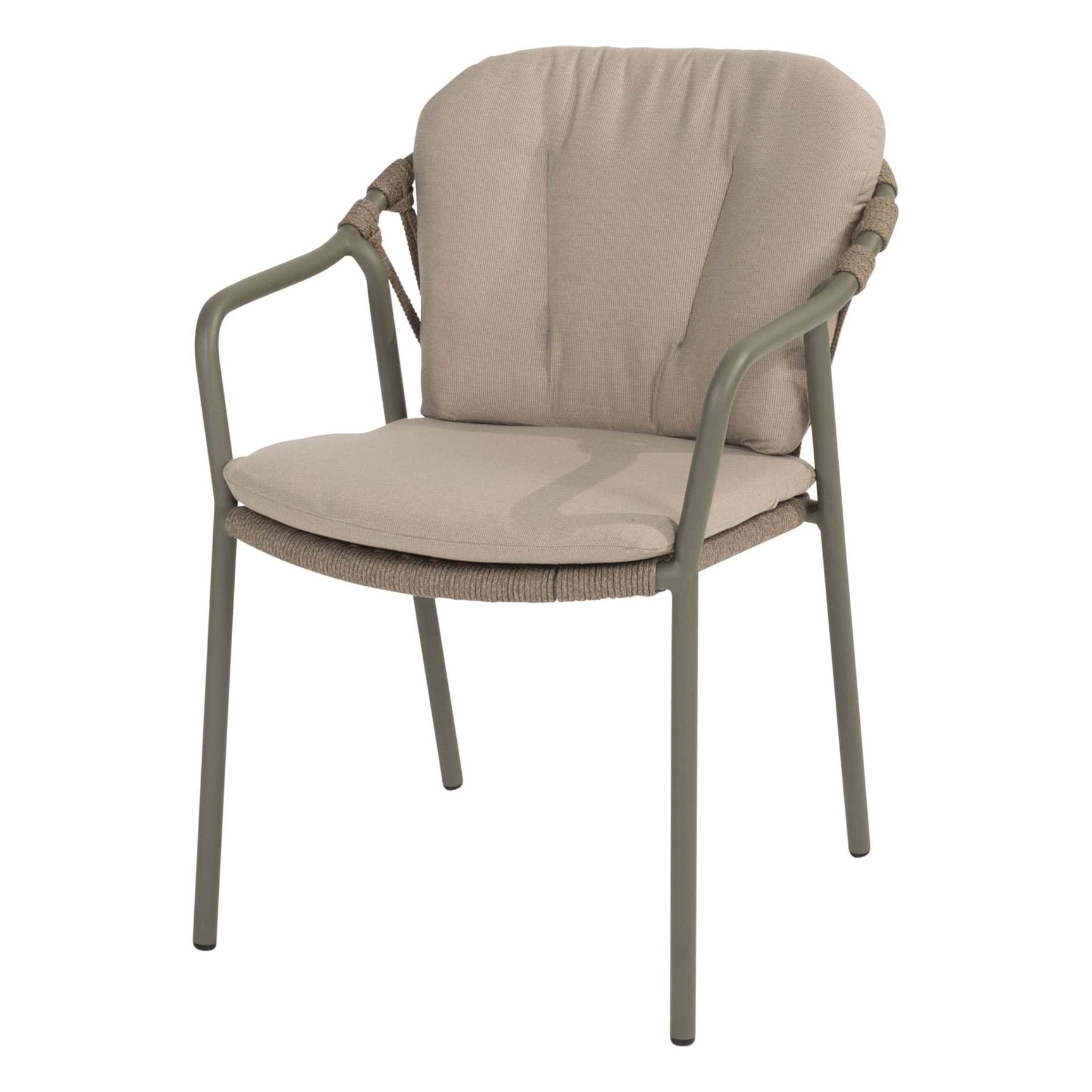 Olijfgroene stapelbare diningstoel met beige zitting- en rugkussen, hoge rugleuning