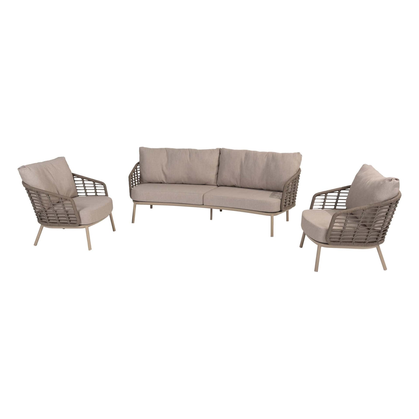 Beige 3-zits loungeset met loungebank en twee lounge stoelen