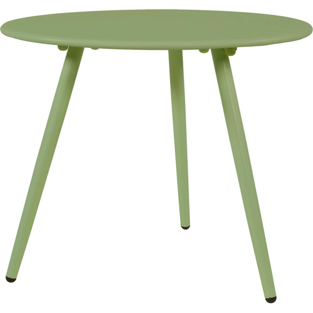 Groene metalen bijzettafel, rond blad Ø45cm, 3 poten.