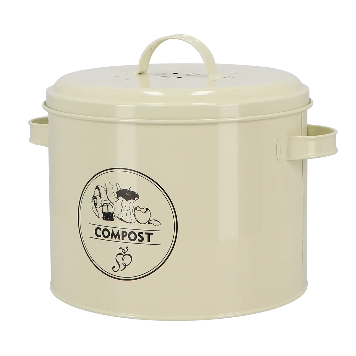 Keukencomposter crème met deksel en handgreep, COMPOST-logo op de voorzijde
