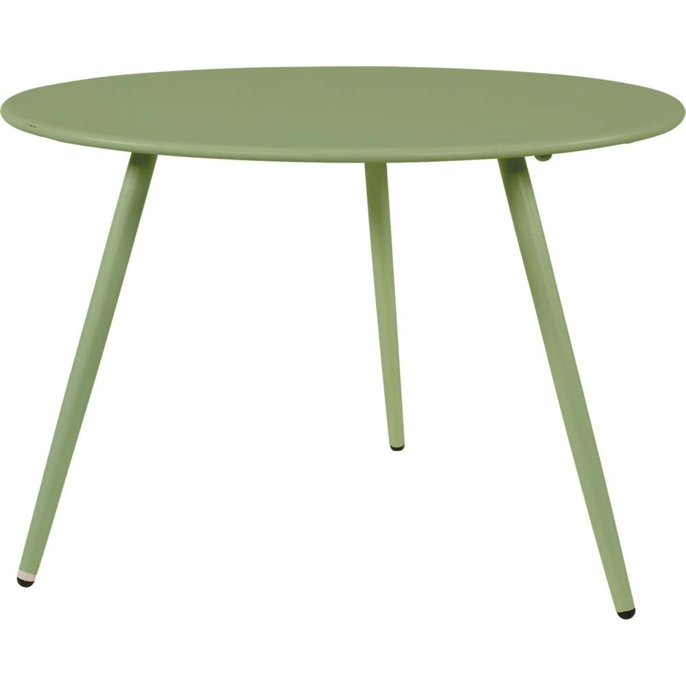 Groene metalen bijzettafel met rond blad en drie poten