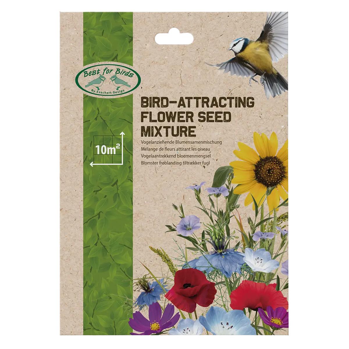 Vogelaantrekkend bloemenmengsel zaadverpakking met bloemenillustraties en vogelafbeelding