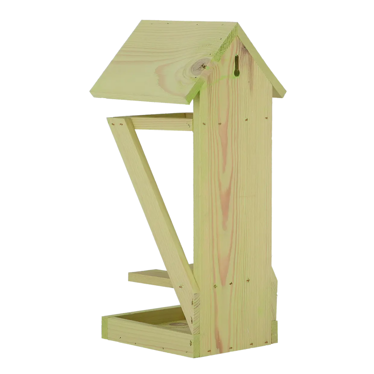 Houten wijnflesvoedertafel met dak en voorframe; ronde metalen opening onderin