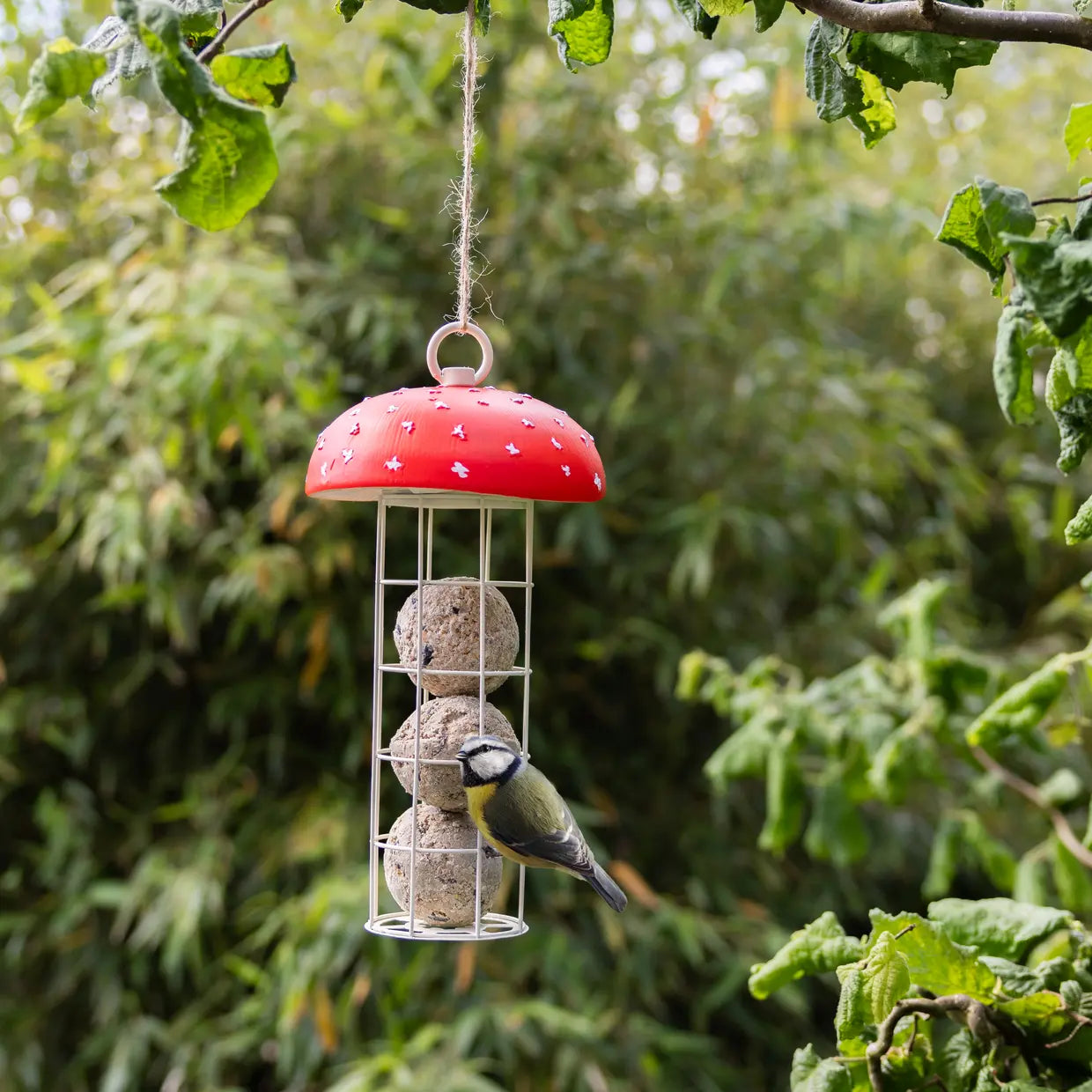 Esschert design paddenstoel vetbollenautomaat met rode dop en kleine vogels bij de kooi
