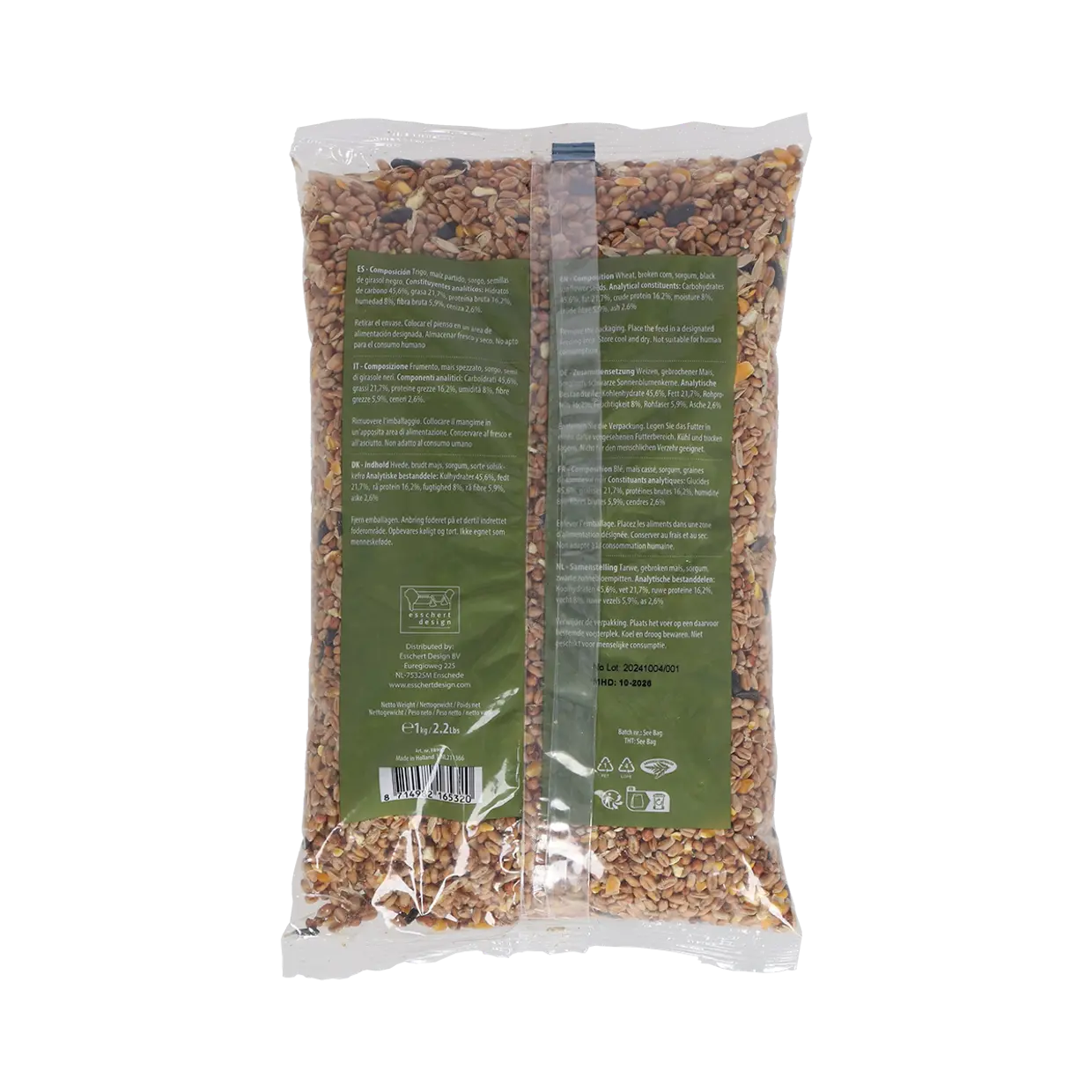 Strooivoermix zak met groene achterlabel en productinformatie