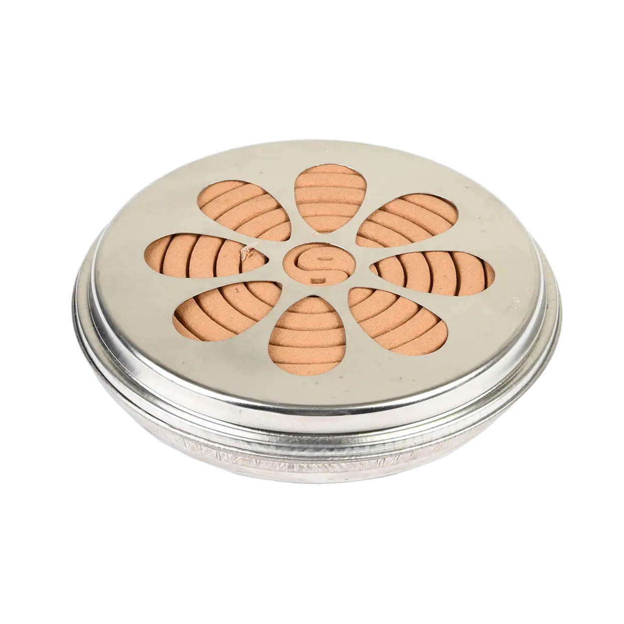 Ronde zinken deksel met citronella-spiralen, bovenaanzicht