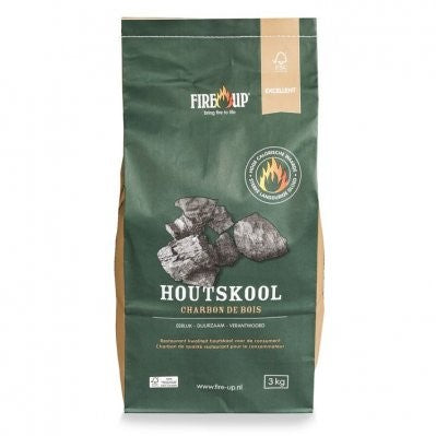 Fire-Up houtskoolzak van 3 kg met FSC-keurmerk en afbeeldingen van houtskoolbrokken