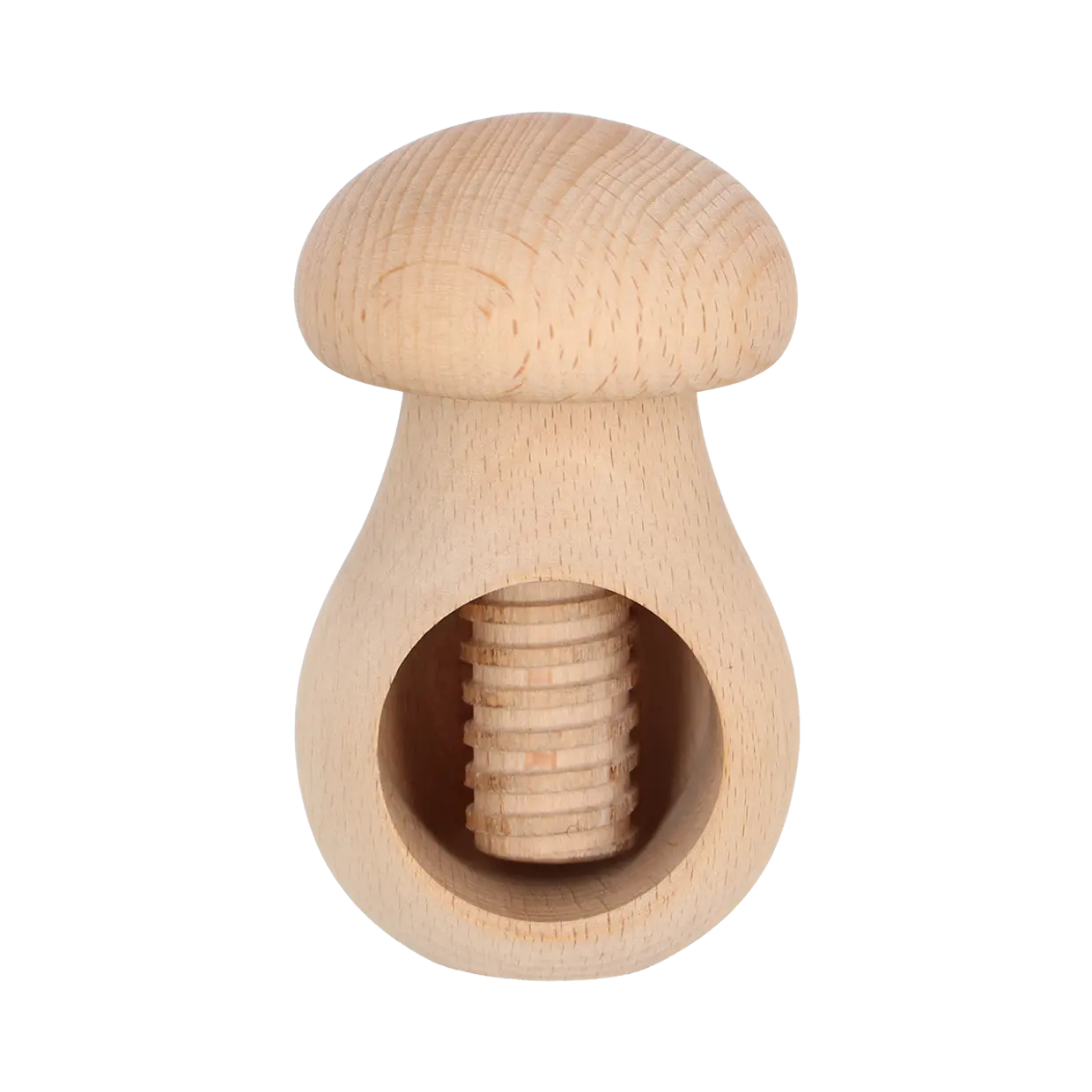 Houten notenkraker met ronde kop en opening; binnenin stapel houten schijfjes.