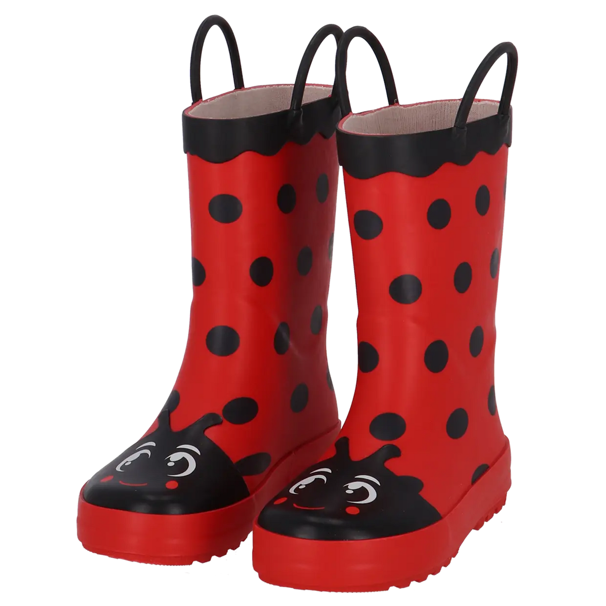 Rode kinderlaarzen met zwarte stippen, zwarte neus met lieveheersbeestgezicht en handvatten.