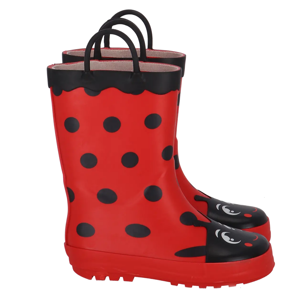 Rode kinderlaars met zwarte stippenprint, zwarte neus met lieveheersbeestgezicht en handvat.