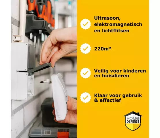 Muizen- en rattenverjager HOME DEFENSE® in gebruik bij stopcontact met pictogrammen
