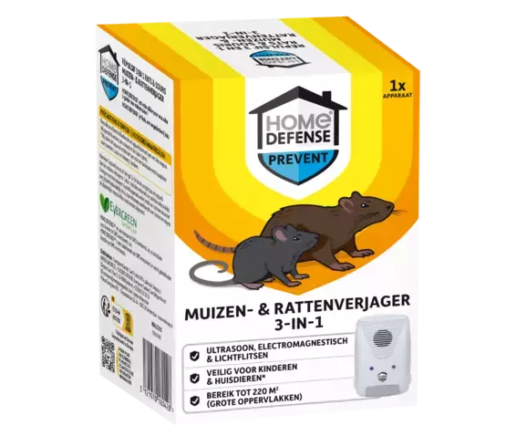 Muizen- en rattenverjager HOME DEFENSE® doos met staand apparaatillustratie