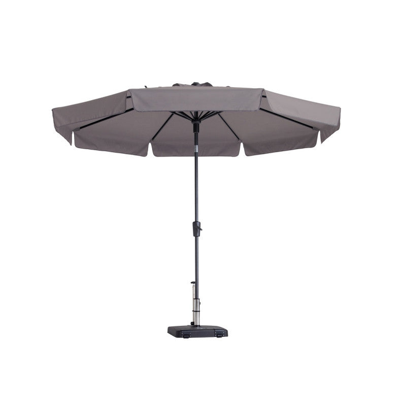 Taupe parasol met open ronde kap en steunpaal