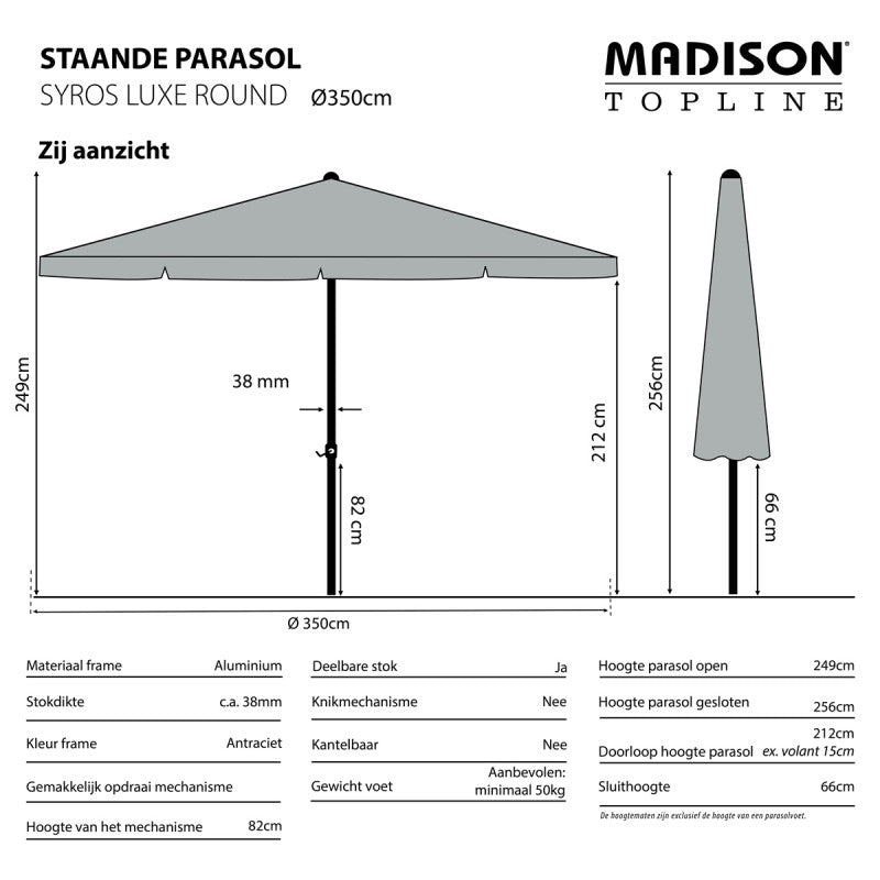 Ronde parasol Syros Luxe met grijze kap en frame, zijaanzicht met afmetingen