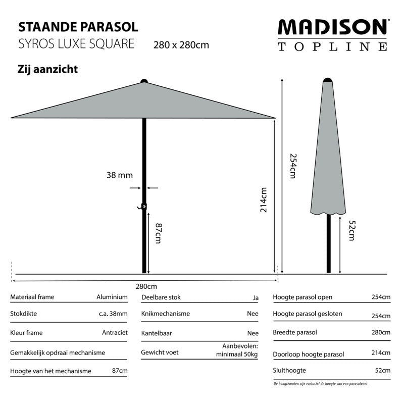 Vierkante parasol met lichtgrijs doek en aluminium mast, zijaanzicht