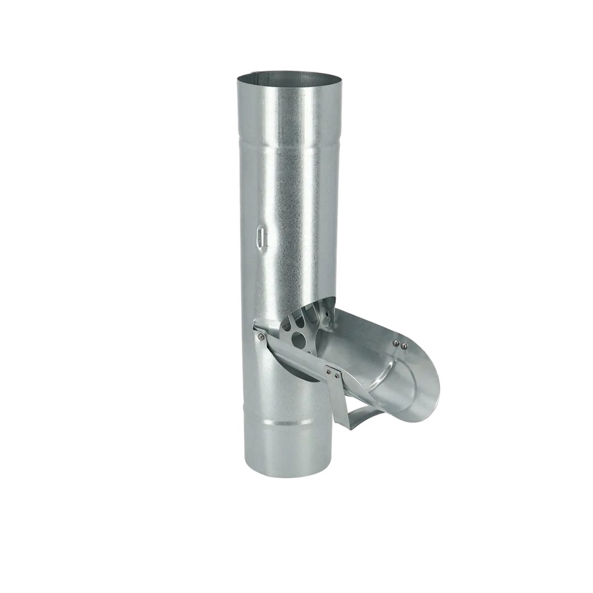 Regentonklep van zink met ronde uitloop en metalen pijpbevestiging.