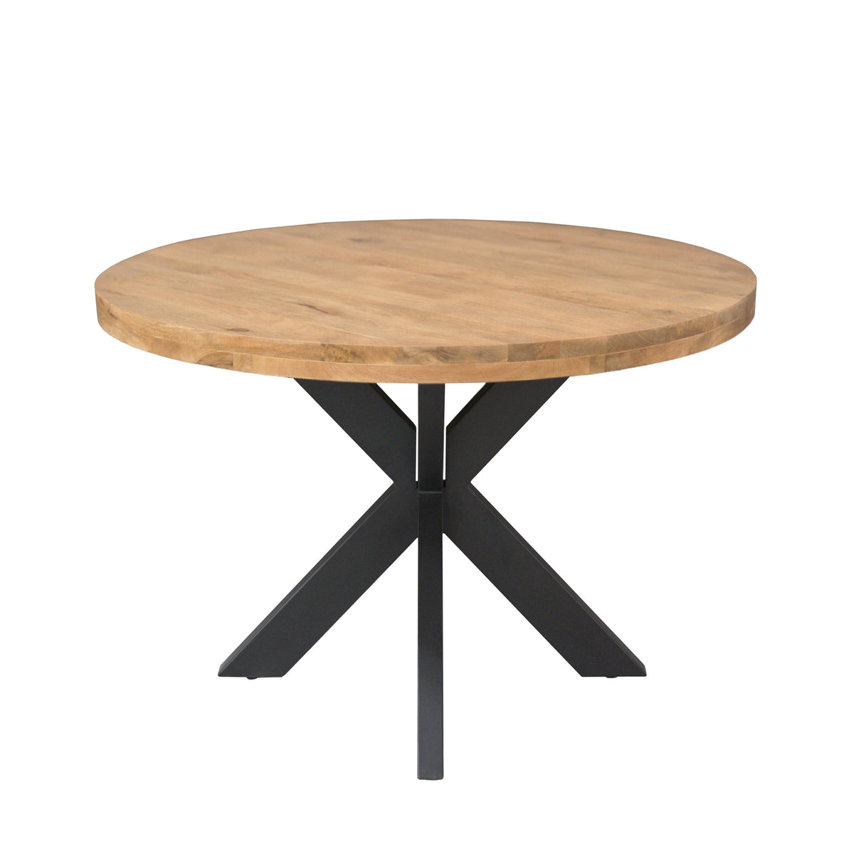 Ronde eettafel met houten blad en zwart metalen X-poten