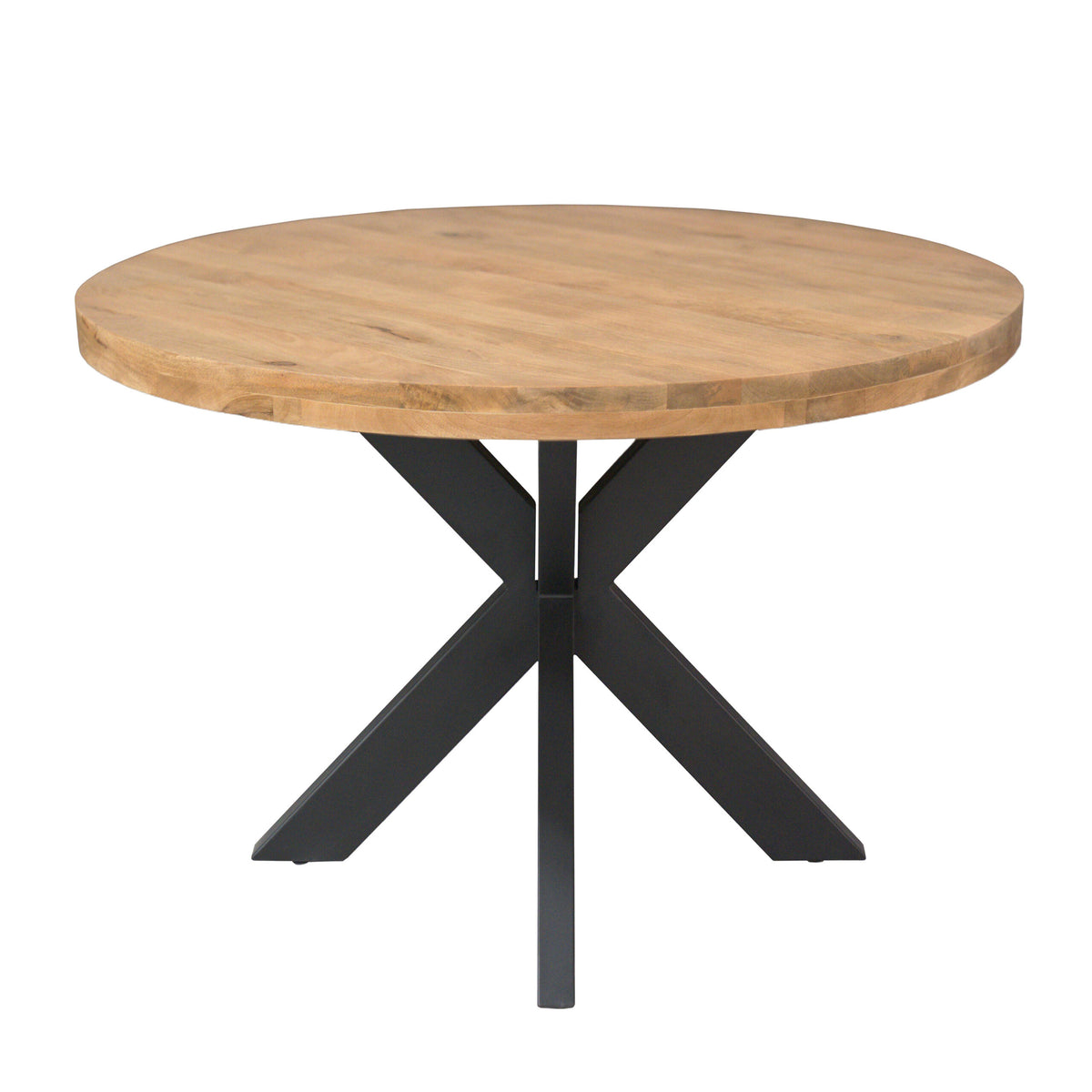 Ronde eettafel Dakota met licht houten blad en zwarte kruispoot onderstel