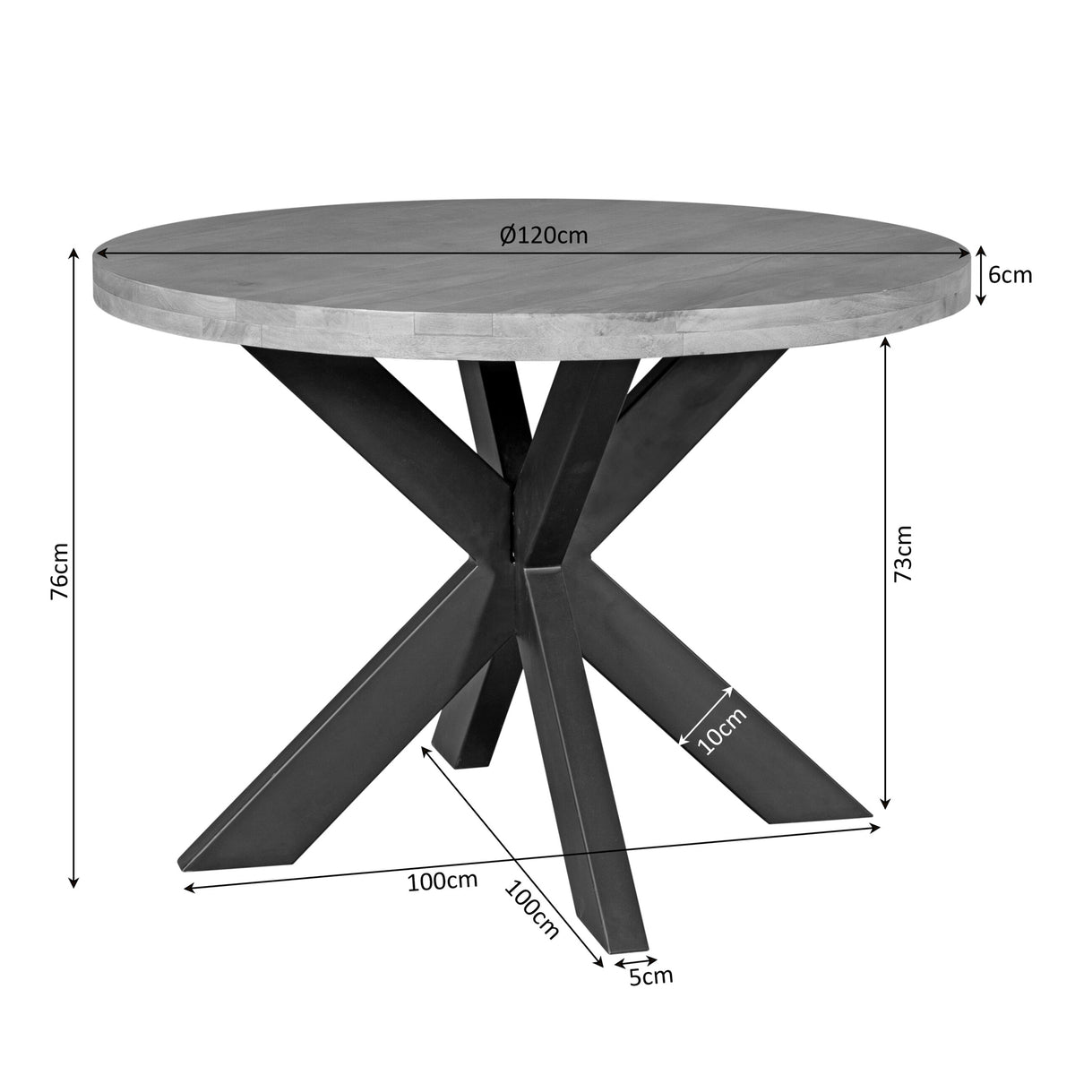 Ronde eettafel Dakota Ø120 cm, H75 cm, blad 6 cm, zwarte poten