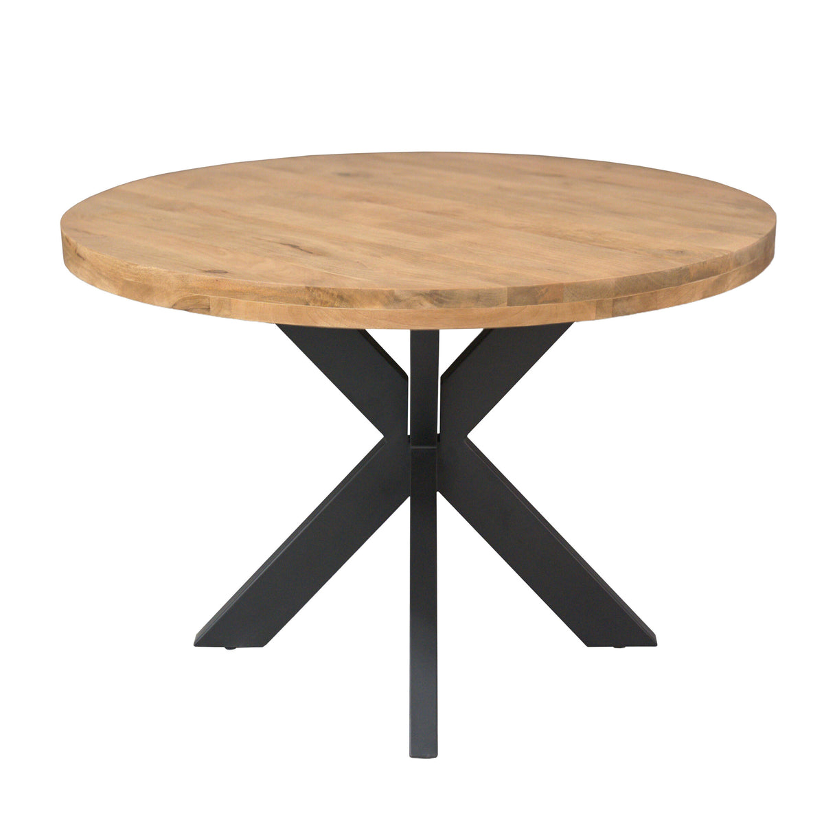 Ronde houten tafel met zwart metalen X-poten