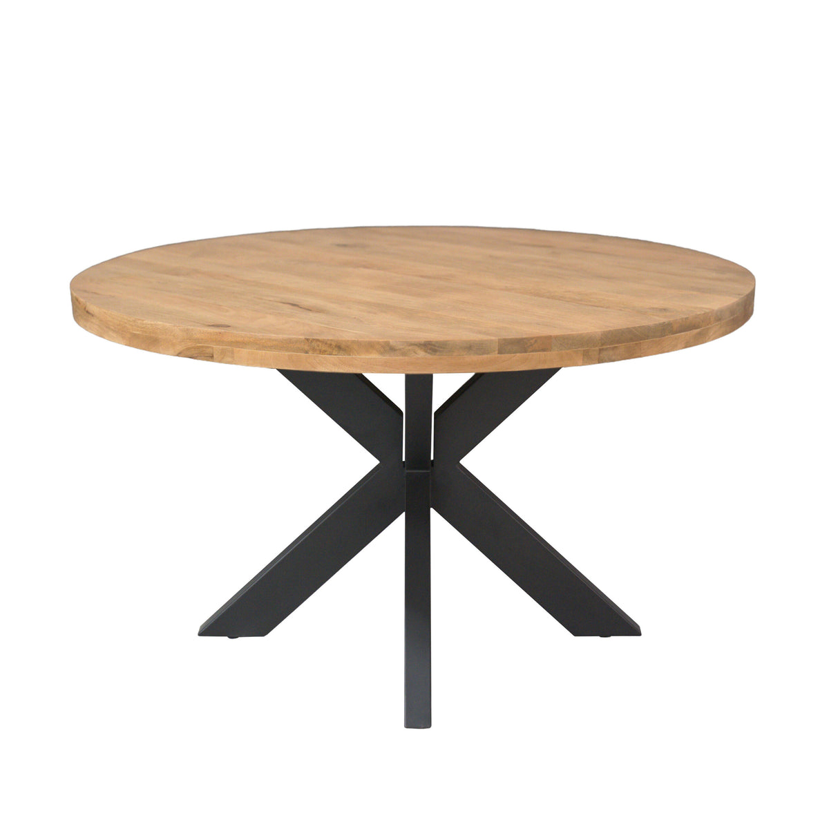 Ronde eettafel met houten blad en zwarte kruisframepoot, Ø140 cm