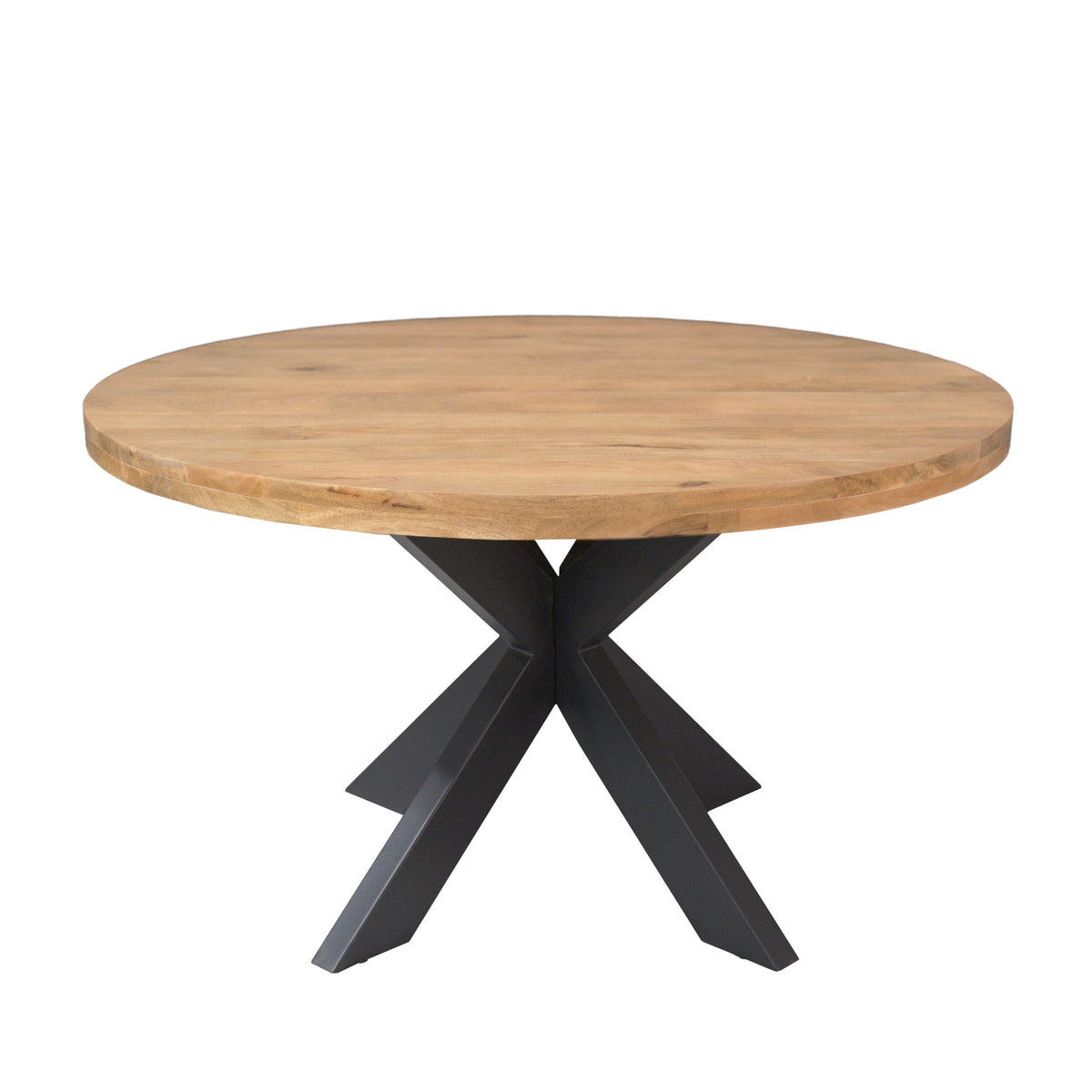 Ronde eettafel met houten blad en zwarte kruispoten onder het blad