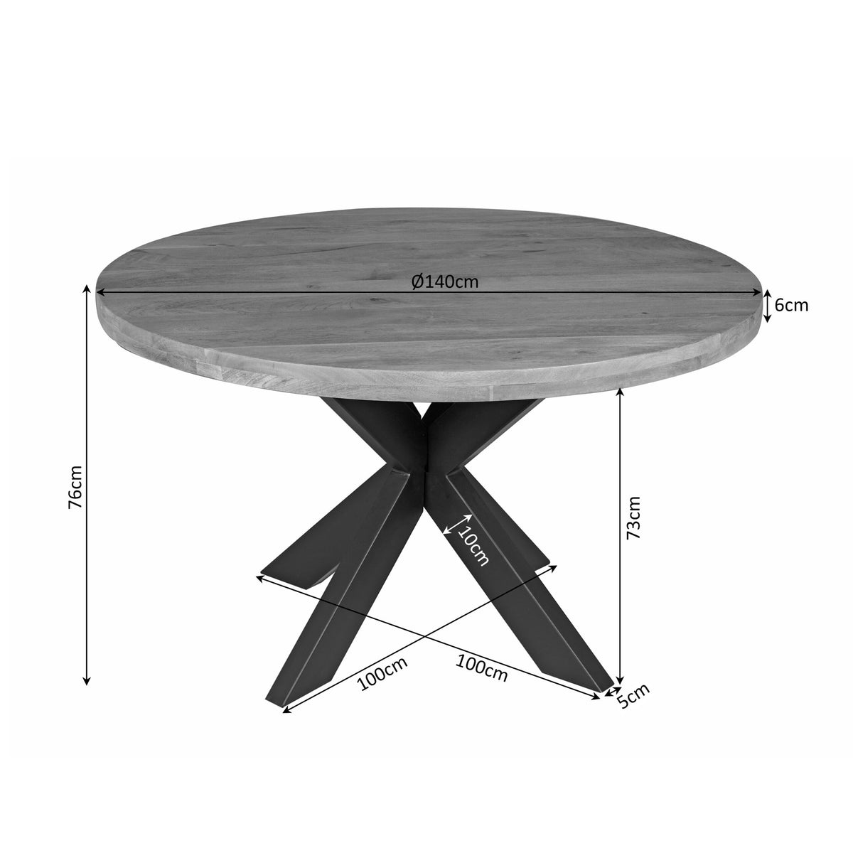 Ronde eettafel Ø140 cm; hoogte 76 cm; pootmaat 100 cm en 73 cm
