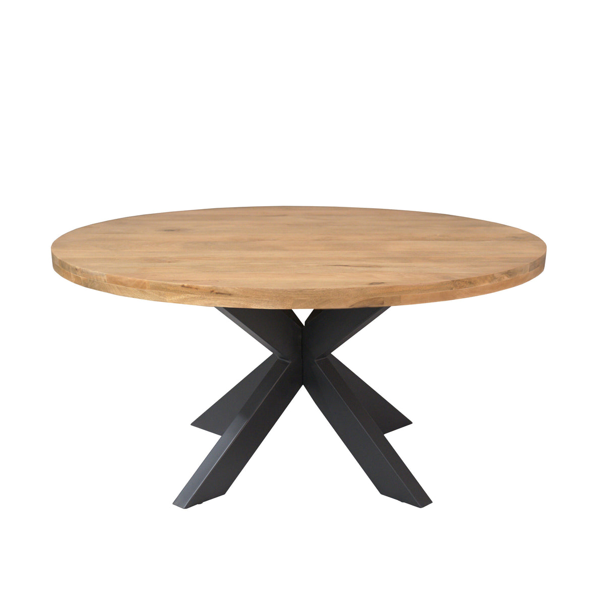 Ronde eettafel met rond houten tafelblad en zwart gekruist metalen onderstel